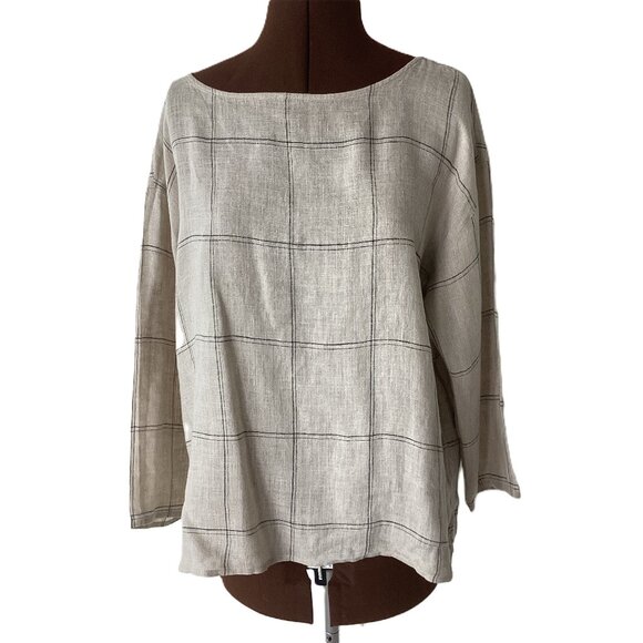 Eileen Fisher Taupe Linen Windowpane Check Top - Picture 1 of 7